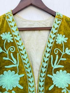 Olive Green Casual Velvet Cotton Floral Embroidered V-neck Pullover Short Vest Coat <b>Women</b> Ethnic Sleeveless <b>Waistcoat</b> Handmade - Product Image 2