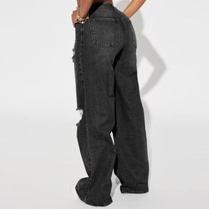 Pantalon en jean taille haute à jambe large, déchiré, coupe ample, longueur intégrale, en coton, style décontracté, fermeture boutonnée, bleu uni - Product Image 5