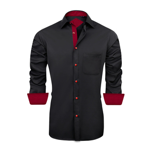 Chemise habillée noire pour homme, manches longues, boutonnée, col rabattu, couleur unie, polyester 140g, idéale pour le printemps - Product Image 1