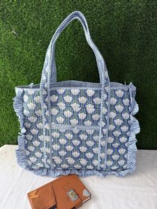 Bolsa de Mano de Lujo de Algodón con Volantes, Hecha a Mano, con Estampado de Bloques, Acolchada, para Compras, Oficina, Supermercado, Playa, Viajes, Reutilizable - Product Image 5