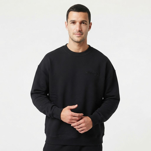 Sudadera con hombros caídos para hombre, de alta calidad, con logo personalizado, de algodón polar, cuello redondo, oversize, negra. - Product Image 4