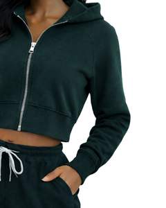 Sweat-shirt à capuche zippé court personnalisé pour femme, couleur vert foncé, manches longues, style décontracté streetwear, veste de sport et fitness - Product Image 4
