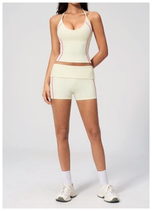 Cream Two Piece Yoga Set Halter <b>Crop</b> <b>Top</b> High Waist Shorts Contrast Stitch Seamless Breathable Spandex Polyester - Product Image 6