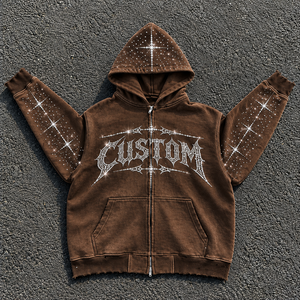 Vintage Washed Rhinestone French Terry Winter <b>Oversized</b> Distressed Raw Hem Streetwear Y2K <b>Hoodie</b> - Product Image 1