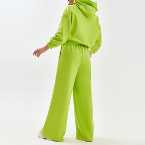 Ensemble sweat à capuche et pantalon évasé pour femme, couleur unie, coupe ample, vert, tricoté, décontracté, pour l'hiver - Product Image 2
