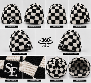 Bonnet tricoté personnalisé à motif damier, style streetwear, unisexe, chaud, avec revers, mode, OEM ODM, vente en gros, logo SE brodé - Product Image 5