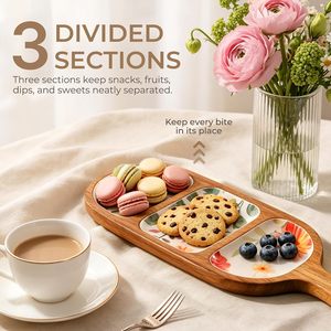 Bandeja de Servir Desechable con Esmalte Floral para Bodas, de Madera de Acacia, con 3 Compartimentos, Cuadrada, para Queso, con Asa Decorativa, Apta para Lavavajillas - Product Image 4