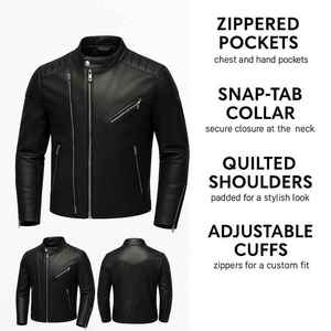 Blouson moto en similicuir noir, col montant, fermeture éclair, manches longues, coupe-vent, vêtement d'extérieur décontracté toutes saisons - Product Image 4