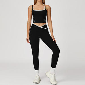Women's Black Yoga <b>Set</b> <b>Square</b> Neck Crisscross Strap Crop Top High Waist Elastic Waist Leggings 2 Piece Seamless Sweat-Wicking - Product Image 1