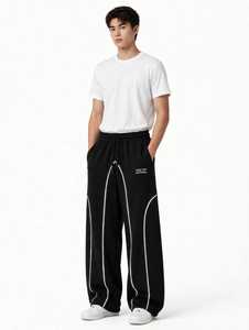 ONETEN APPAREL กางเกงวอร์มขายาวสีดำสำหรับผู้ชาย เอวยางยืด มีเชือกผูก แถบข้างสีขาว กางเกงทรงสปอร์ต - Product Image 6