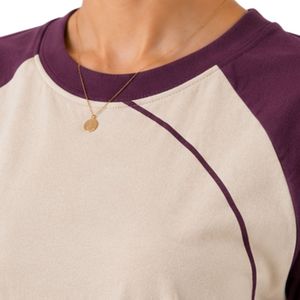 T-shirt raglan violet prune pour femme, col rond, manches courtes, en polyester et coton, décontracté, été, personnalisable avec logo, vêtements OEM ODM - Product Image 4