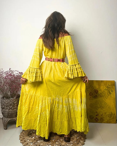 Vibrant Yellow Tie Dye Organic Cotton Eco-Friendly V-neck Shoulder Maxi Dress Dramatic Tiered <b>Bell</b> Sleeve Bohemian Gown Ruffle - Product Image 3