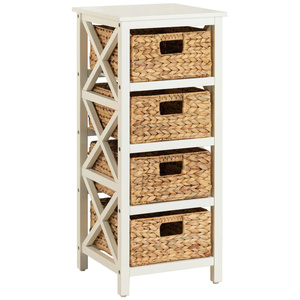 Meuble de rangement en bois blanc au charme rustique avec 4 tiroirs en jacinthe d'eau naturelle tressée, organisateur autoportant pour la maison - Product Image 3