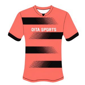 Maillot de rugby rose corail et noir à manches courtes, col rond, rayé, uniforme d'équipe personnalisé, respirant, pour l'entraînement et la performance sportive - Product Image 1
