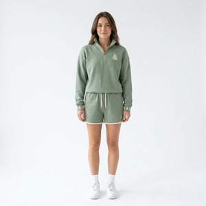 Sudadera navideña de media cremallera para mujer con pantalones cortos a juego, detalles festivos bordados, conjunto casual de dos piezas para invierno - Product Image 4