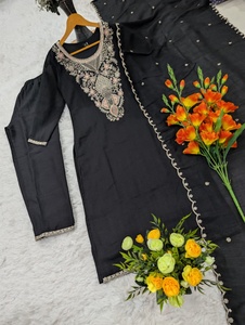 Costume indien traditionnel noir de créateur en 3 pièces en soie Vichitra avec broderie lourde à sequins, comprenant un haut, un bas et un dupatta brodé - Product Image 1