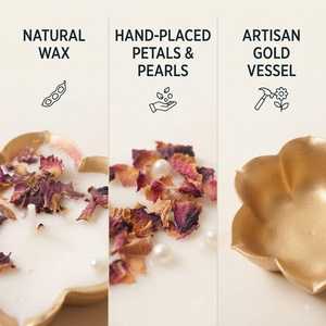 Bougie artisanale en laiton en forme de fleur avec pétales de rose séchés et perles, 2 mèches, cire de soja - Product Image 6