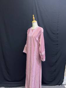 Elegante Abaya de Poliéster Ligero, Hecha a Mano con Cuentas y Lentejuelas, Antiencogimiento, Transpirable, Cuello en V, Manga Larga, Largo hasta el Suelo - Product Image 2