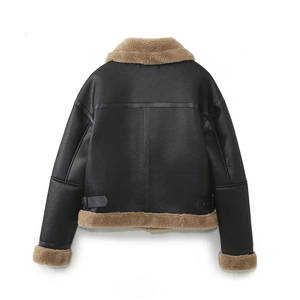 Chaqueta de Motera de Piel Genuina para Mujer - Cuero Negro con Solapa de Piel Crema y Cremallera, Chaqueta Bomber Cálida para Invierno, MOQ Bajo - Product Image 2