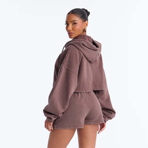 Women's <b>Black</b> Cropped Denim <b>Hoodie</b> With <b>Zipper</b> Front Drop Shoulder Oversized Sweatshirt Autumn Wear - Product Image 4
