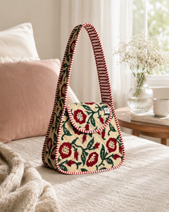 Petit sac à bandoulière en coton matelassé imprimé à la main, sac à rabat floral avec longue anse, 12x10 pouces - Product Image 2