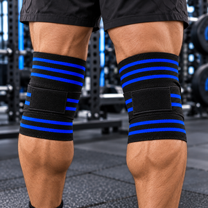 Rhino Fitness Adjustable Breathable <b>Nylon</b> Knee Wraps with Swelling Prevention Black Blue <b>Hook</b> Loop Stabilizer Support - Product Image 2
