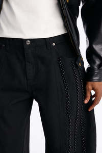 Jeans Negros de Pierna Recta para Hombre con Detalle Lateral de Cuentas, Corte Ajustado, Estilo Urbano, Pantalones de Mezclilla de Cintura Media, Estilo Otoñal - Product Image 3
