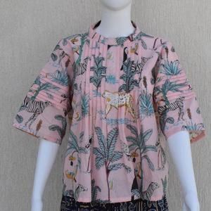 Hand Block Print Cotton Safari Top | Pink Boho Artisan <b>Summer</b> <b>Tunic</b> - Product Image 3