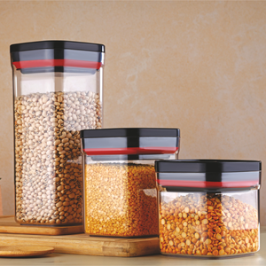 Clear Airtight Food <b>Storage</b> <b>Container</b> Set of 3 Square <b>Kitchen</b> Organizers with Black Red Lids for Pantry Countertop Grains Pulses - Product Image 3