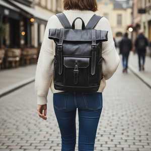 Men’s Rugged Leather Roll Top Backpack Masculine Design Rucksack For <b>Work</b> Hiking Durable Travel <b>Bag</b> LRTB-0156C - Product Image 2