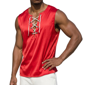 Custom Made OEM Men's Vintage Lace Up V-Neck Sleeveless Shirt Satin Breathable Summer Tank Top Wholesale Bulk Tank Tops For Men - Product Image 1