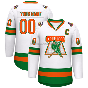 Maillot de hockey blanc, vert et noir, uniforme d'équipe personnalisé, sublimé, col en V, manches longues, numéro de joueur, nom, logo, maquette - Product Image 6