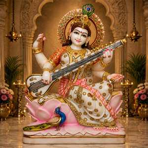 Estatua de Saraswati de mármol premium |   Murti de la Diosa Saraswati y Ídolo de la Diosa Saraswati con Veena para Templo por MALIYAS Jaipur - Product Image 1