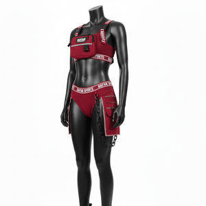 ชุดบิกินี่ผ้าโพลีเอสเตอร์ผสมสแปนเด็กซ์เนื้อนุ่มยืดหยุ่น 190 GSM สีแดง พร้อมกระเป๋าแบบคาร์โก้  ลายพิมพ์โลโก้ สำหรับผู้หญิง - Product Image 6