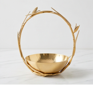 Bol en métal doré poli luxueux avec poignée en forme de feuille de vigne, centre de table décoratif pour salon, entrée, bureau, mariage - Product Image 1