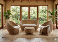 Meilleures ventes Dernier design Meubles indonésiens naturels en abaca Ensemble de salon en osier composé d'une table et de 3 chaises