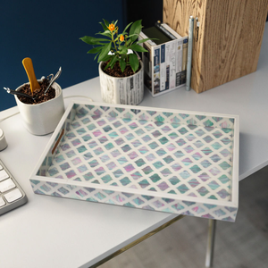 Bandeja de Servicio Blanca para Cocina y Baño, Diseño Geométrico de Mosaico Verde con Incrustaciones de Nácar, para Sala de Estar, Decorativa - Product Image 2