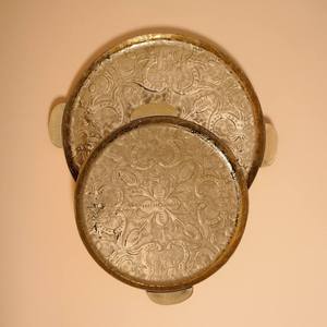Round Embossed Metal Serving Tray Set with Wooden Handles Vintage Floral Patterned Silver Platters for Home Decor and Catering - Product Image 4