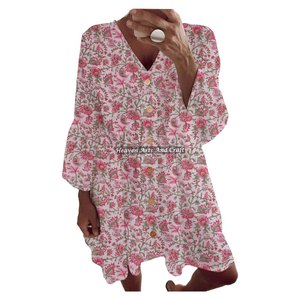 Hermoso Vestido de Algodón Hecho a Mano para Mujer, Primavera-Verano, Ligero, Estampado, Túnica India, Estilo Holgado, Casual - Product Image 1
