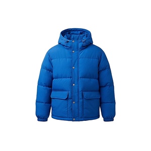 Hooded <b>Quilted</b> Jacket Blue Full Sleeve Winter Thick Polyester Filling Woven Fabric Regular Length <b>Single</b> Button Closure - Product Image 1