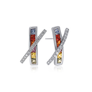 Boucles d'oreilles de luxe pour femmes en or blanc 14 carats avec croix en diamants baguette et incrustation de saphirs multicolores pour un usage quotidien - Product Image 2