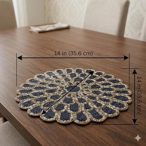<b>Round</b> Bohemian Embroidered <b>Table</b> Mat Navy Gold Fabric Handmade 450mm Diameter - Product Image 2