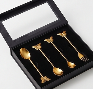Cuillère à salade et fourchette à dessert à long manche, en métal fantaisie, avec manche papillon plaqué or, finition miroir, pour la cuisine - Product Image 6
