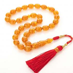 Perles de prière islamiques en pierre ronde couleur ambre avec pompon rouge JAMEEL SONS INTERNATIONAL JSI-230 - Product Image 4