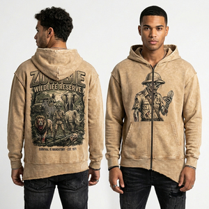 เสื้อฮู้ดซิปแบบย้อมสีแทนสไตล์วินเทจ พิมพ์ลายกราฟิกซอมบี้และสัตว์ป่า สำหรับผู้ชาย สตรีทแวร์ ผ้าหนา ผลิตจากโรงงาน - Product Image 1