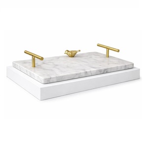 Luxury White Marble Classic <b>Serving</b> <b>Tray</b> with <b>Gold</b> Metal Handles and Bird Accent Tableware & Jewelry Storage for Home Decor - Product Image 1
