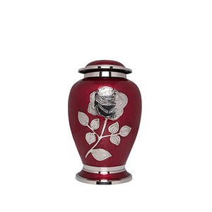 Red Metal Urn With Silver <b>Rose</b> Design Traditional Handmade Sympathy Keepsake Cylindrical Shape Tabletop <b>Vase</b> - Product Image 1