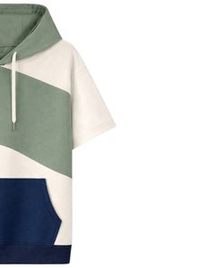 Sudadera con Capucha de Manga Corta para Hombre, Color Verde, Blanco y Azul Marino, con Bolsillo Canguro, Estilo Casual Urbano, de Algodón y Felpa - Product Image 3