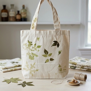 Bolsa de Mano de Lona con Estampado Botánico Indonesio Hecha a Mano, Bolsa de Compras con Estampado de Hojas Naturales, Bolso de Hombro Ecológico para Viaje - Product Image 5