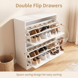 Meuble à chaussures blanc en bois, fin et étroit, avec 2 tiroirs basculants, 80 cm x 30 cm x 80 cm, organisateur de rangement anti-basculement pour chaussures - Product Image 2